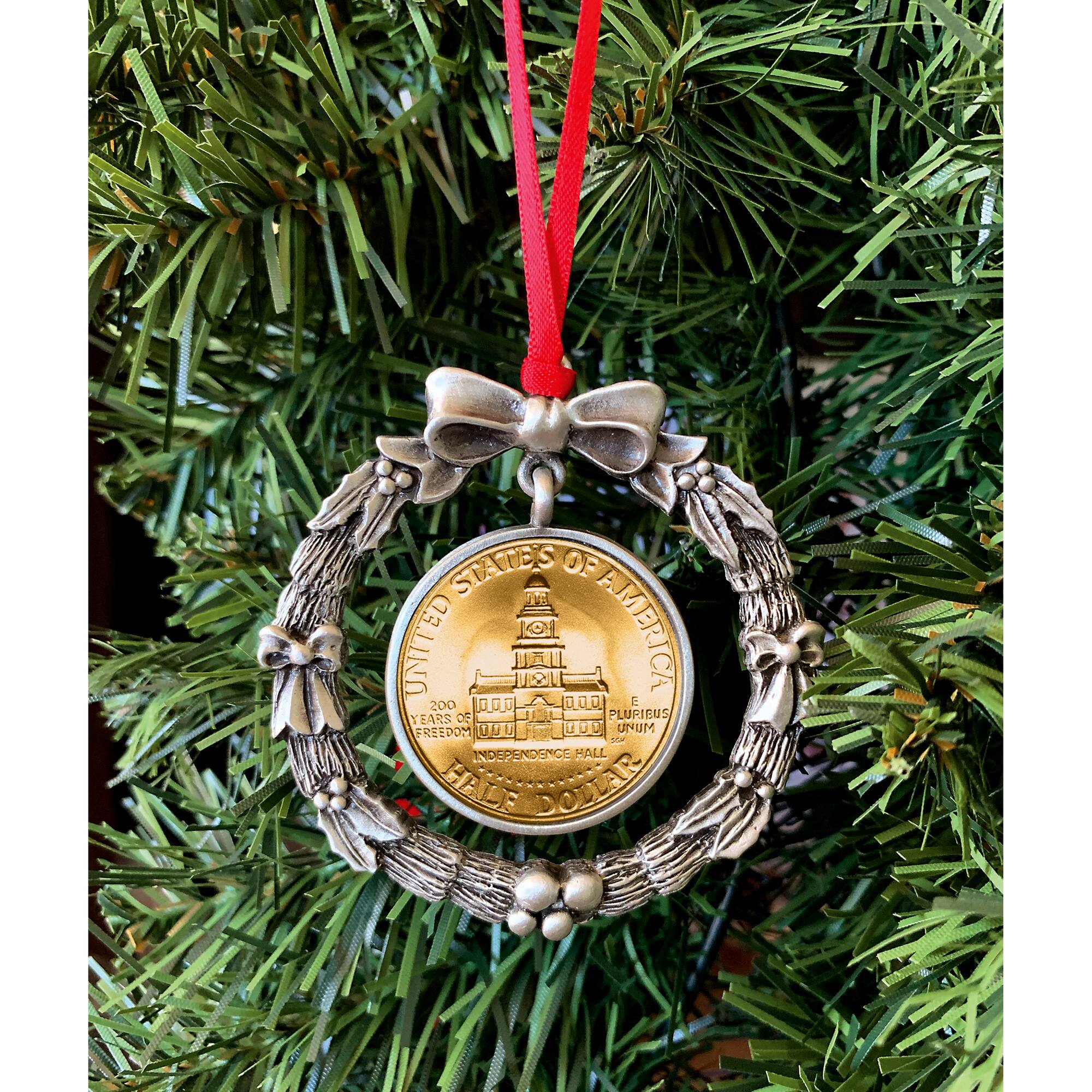 Gold Plated Bicentennial JFK Half Dollar Wreath Ornament